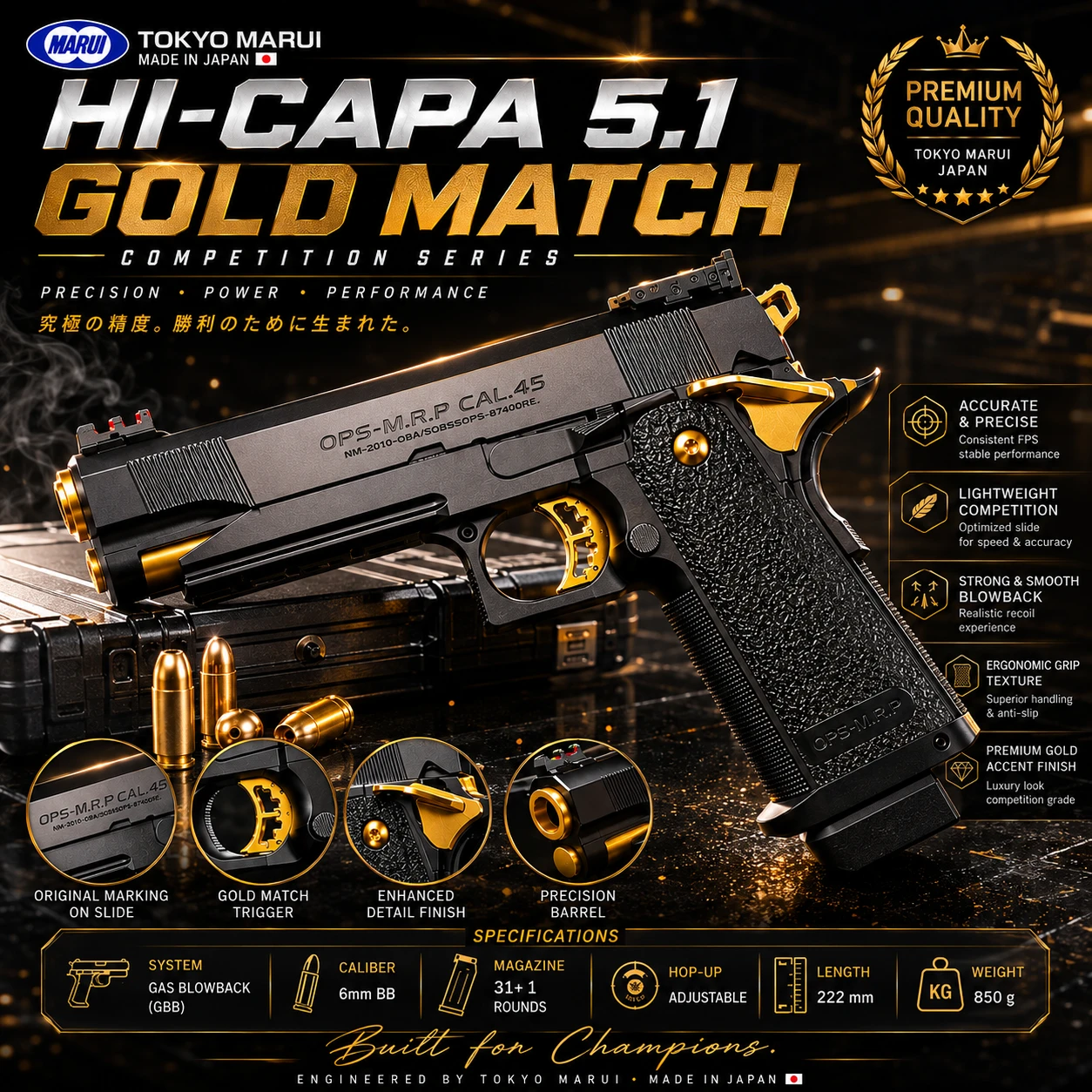 Tokyo Marui Hi-Capa 5.1 Gold Match GBB Airsoft Pistol 6mm – Made in Japan