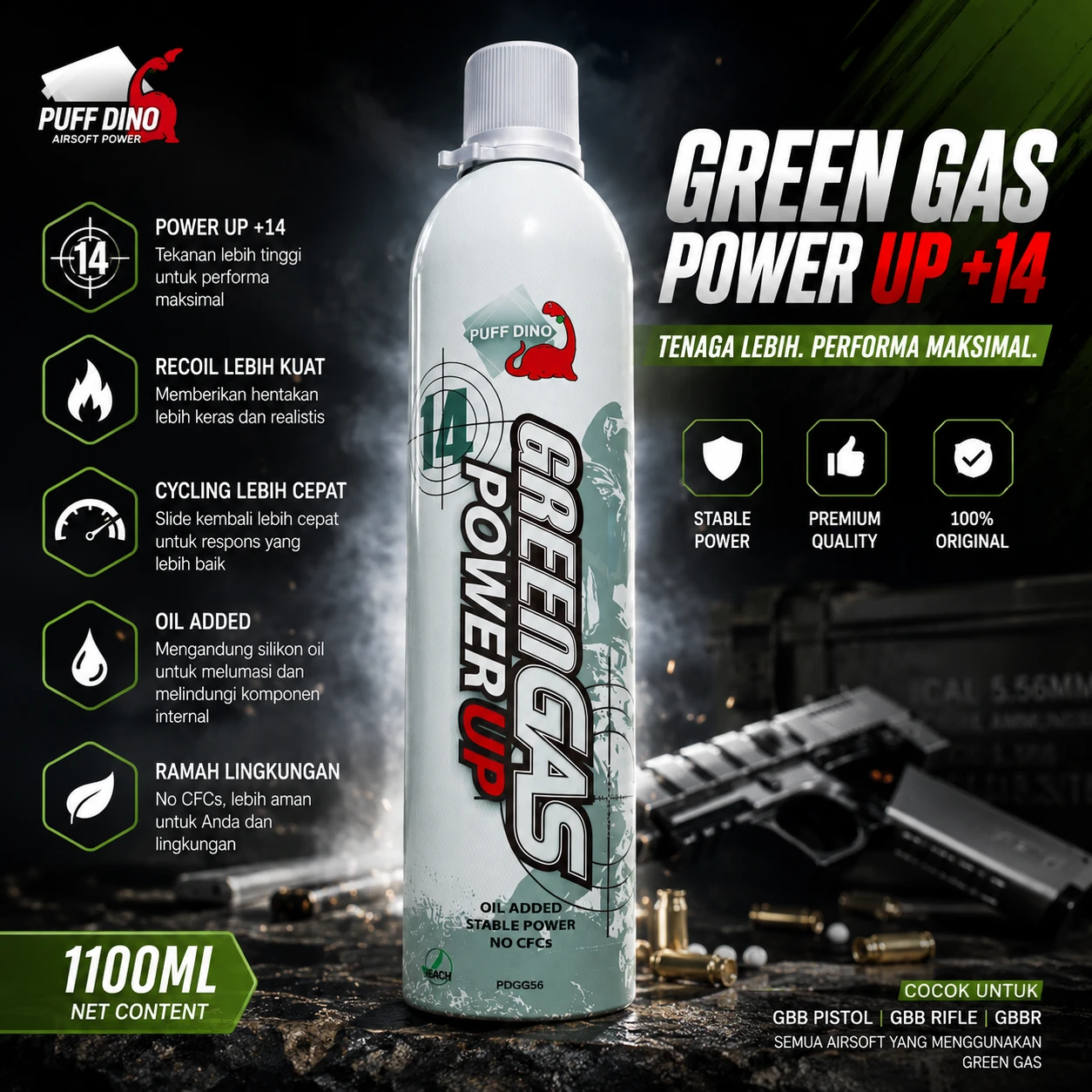 Puff Dino Green Gas Power Up +14 1100ml Original | Gas Airsoft GBB GBBR High Power Premium