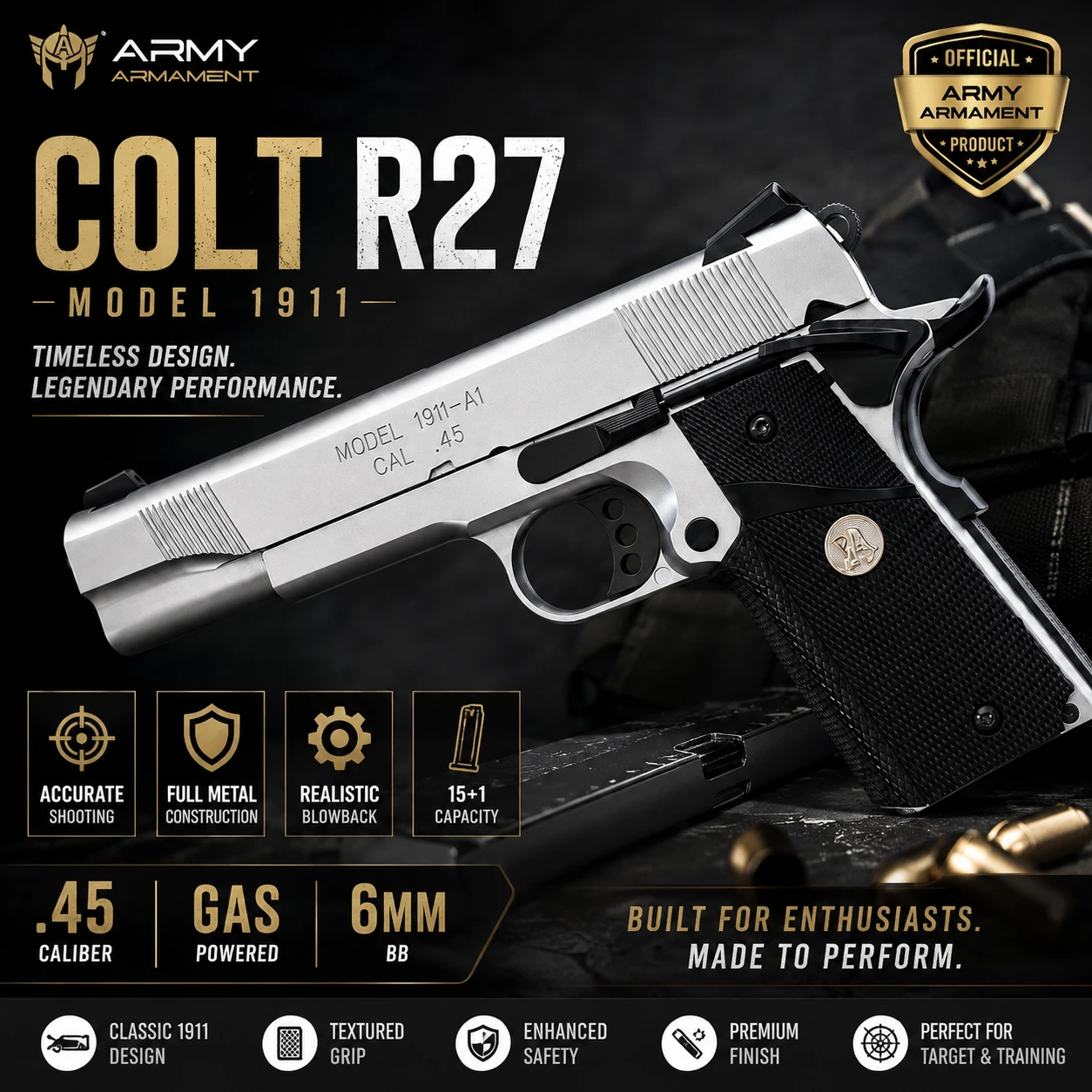 Airsoftgun Army Armament Colt R27 1911 GBB Full Metal Gas Blowback Silver