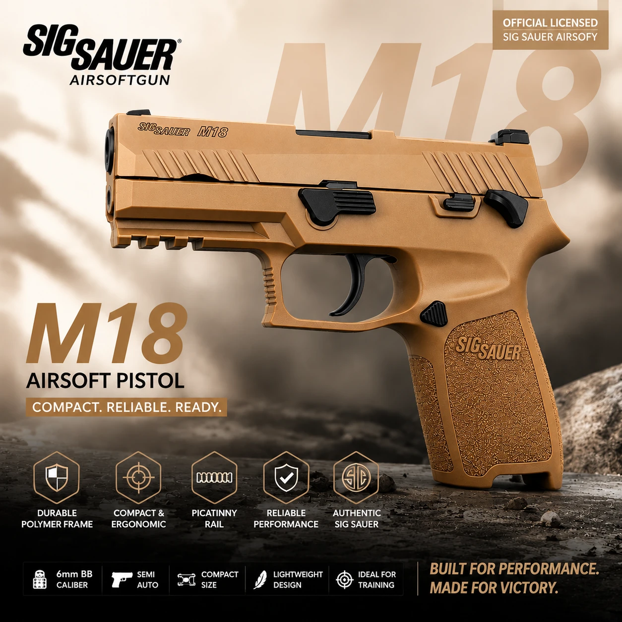 Airsoft Gun SIG SAUER M18 Tan GBB Gas Blowback Full Metal 6mm – Realistic Training Pistol